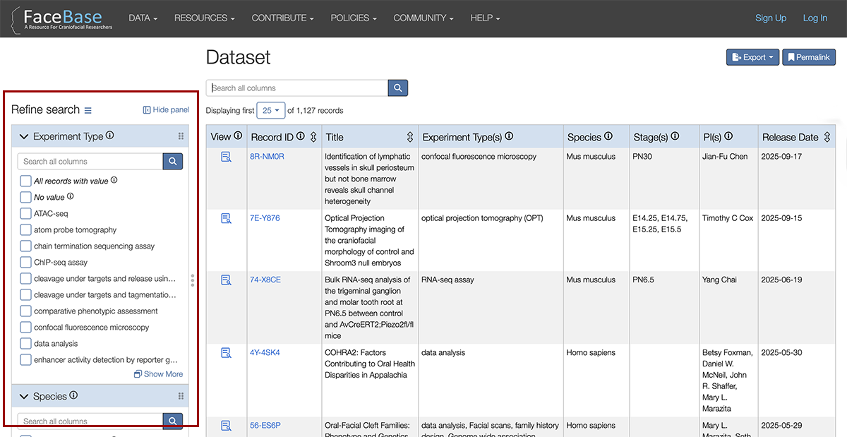 screenshot of FaceBase filtering sidebar showing experiment type, species, age stage and other facets.