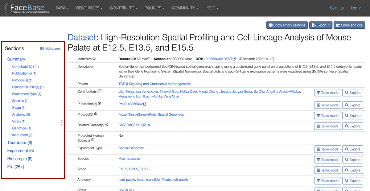 screenshot of the Sections sidebar listing available record sections.