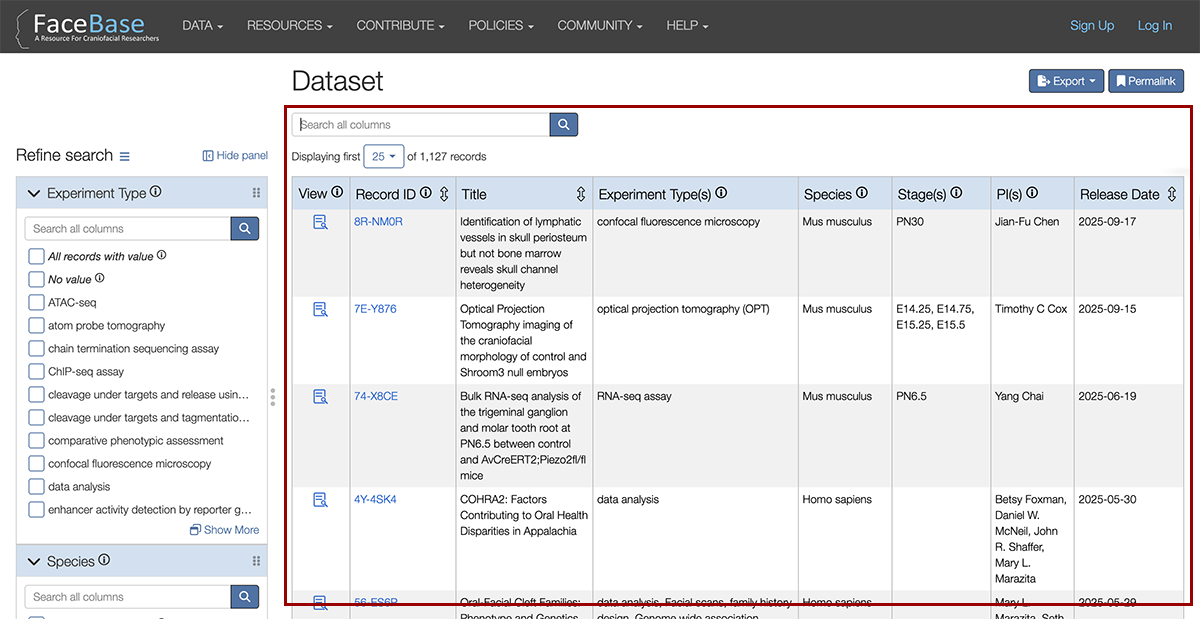 screenshot of FaceBase recordset view showing metadata columns and sortable headers.