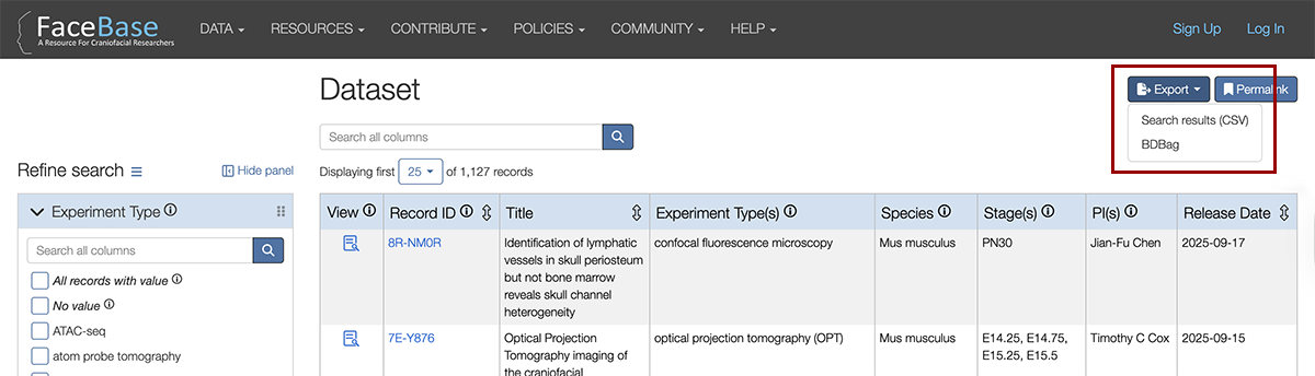 screenshot of FaceBase recordset export options.