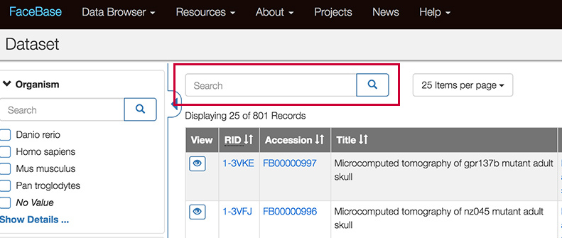 screenshot of FaceBase recordset search
