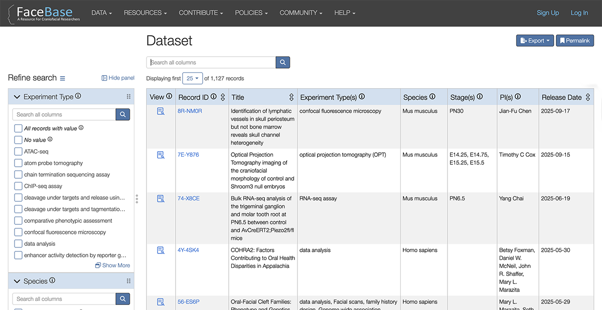 screenshot of FaceBase landing page showing search results and sidebar filters.